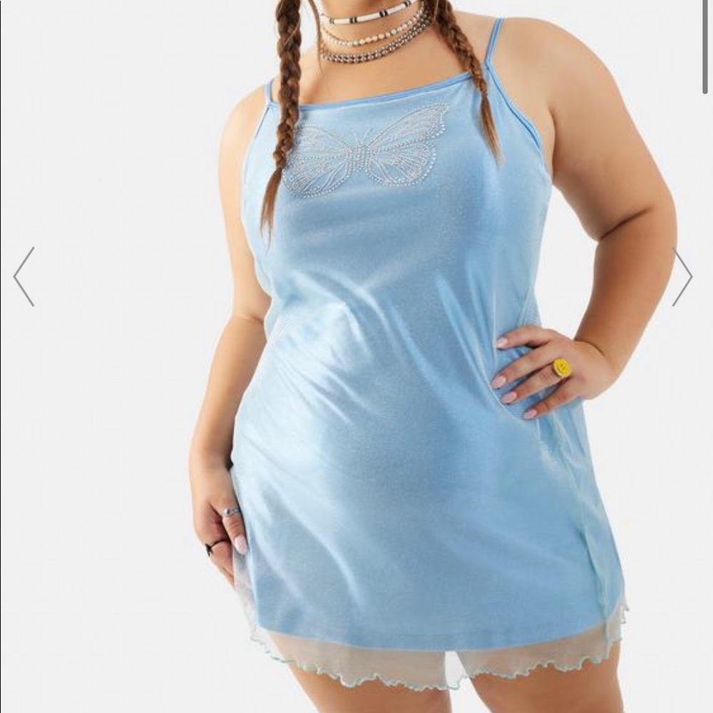 Baby Blue Mesh Slip Dress with Rhinestone Butterfly